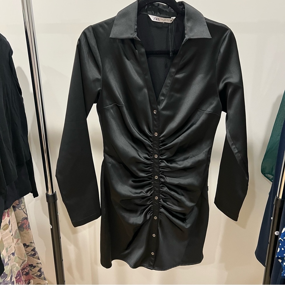 Zara Black Satin Button-Front Collared Dress